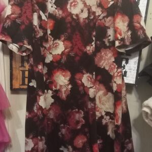 Danny And Nicole Red Floral Print Dress Zip Back Very Thick Material Dress